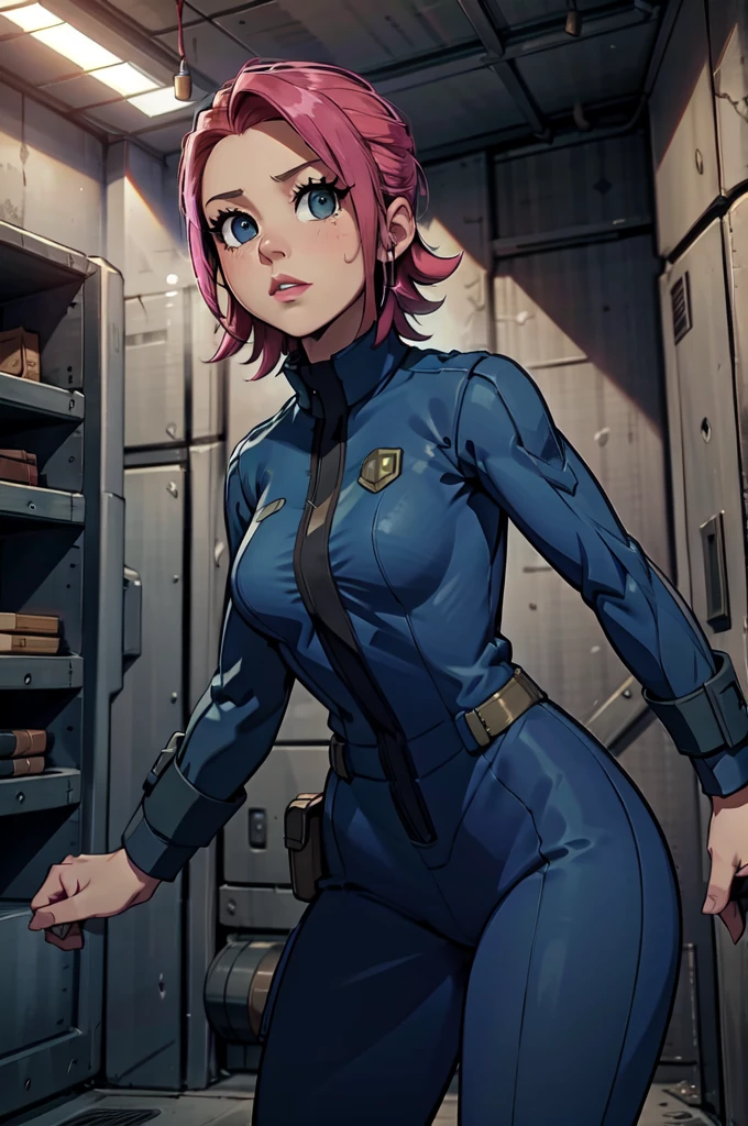 Mayl Sakurai reimagined as a vault dweller, doing maintenance in an underground vault. Her vibrant pink hair stands out against the dimly lit environment. She is a 26-year-old woman dressed in a vault dweller jumpsuit, indicative of her role in the post-apocalyptic world. The jumpsuit is worn but still functional, reflecting the harsh conditions of life underground. Her face is beautifully detailed, with expressive eyes that convey determination and intelligence. Her lips are also well-defined, adding to her overall allure.

In the vault, Mayl Sakurai is seen operating a pipboy, a wrist-worn device that serves as an essential tool and information hub for survival in the vault. The pipboy's screen emits a soft glow, illuminating Mayl's face and casting a subtle green hue on the surroundings. The details on the pipboy, from its buttons to its display, are extremely detailed, showcasing its futuristic design.

The underground vault is filled with mechanical equipment and pipes, emphasizing the importance of maintenance in this post-apocalyptic world. The atmosphere is gritty and industrial, with a hint of mystery and danger. The lighting is dim and has a hint of blue tones, enhancing the underground ambiance.

Despite the grim surroundings, Mayl Sakurai exudes confidence and strength as she jumps into action, ready to fulfill her duties as a vault dweller. Her posture and expression suggest that she is prepared to face any challenge that comes her way.

The image quality should be at its best, with 4K resolution and ultra-detailed rendering, capturing every intricate detail of the scene. The colors should be vivid, emphasizing the contrast between Mayl's vibrant pink hair and the dimly lit environment. The overall style should lean towards a post-apocalyptic concept art aesthetic, blending realism with a touch of fantasy.

In summary, the Stable Diffusion prompt for the provided theme would be:
Mayl Sakurai reimagined as a vault dweller, doing maintenance in an undergr