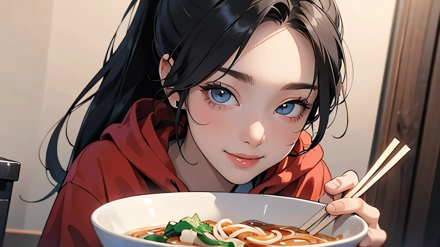 8k, Best Quality, Ultra HD, 1 Female, 1980s Pop Culture Anime Style, 21 Years Old, (Masterpiece, High Definition, Details), Chips \(Food\), , Red Hoodie (Real as Picture: 1.4) , (Famous Japanese actress:1.2), very beautiful, cute, professional photo, very delicate and beautiful, very detailed, very detailed beautiful girl, very detailed face, very detailed eyes, very detailed skin, very detailed fingers, very detailed nose, very detailed mouth, perfect anatomy, realistic body, fair complexion, shiny skin, slender body, good figure, looking at viewer, smile, cute smiling face (black hair) , (Ponytail, Headphones,), (Surrealistic), (Drawing), (High Resolution), (8k), (Highly Detailed), (Best Drawing), (Beautiful and Big Eyes), (Best Quality) , (Super detailed), (Ramen shop)(((holds bowl))), (((top quality))), (((one girl))),((holds chopsticks)) eating ramen eating, slurping noodles, background: green screen