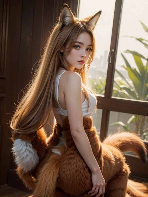 ((highest quality, 32k)), ((masterpiece)), (Get used to it), Perfect Face, Fox Girl, Beautiful woman, public, Has a tail, She has a fox's tail, She wags her fluffy tail, smile, Dog collar, She is wearing a dress, Beautiful hip line, A tail sticking out from the skirt of a dress, Big Ass, Tail on the buttocks