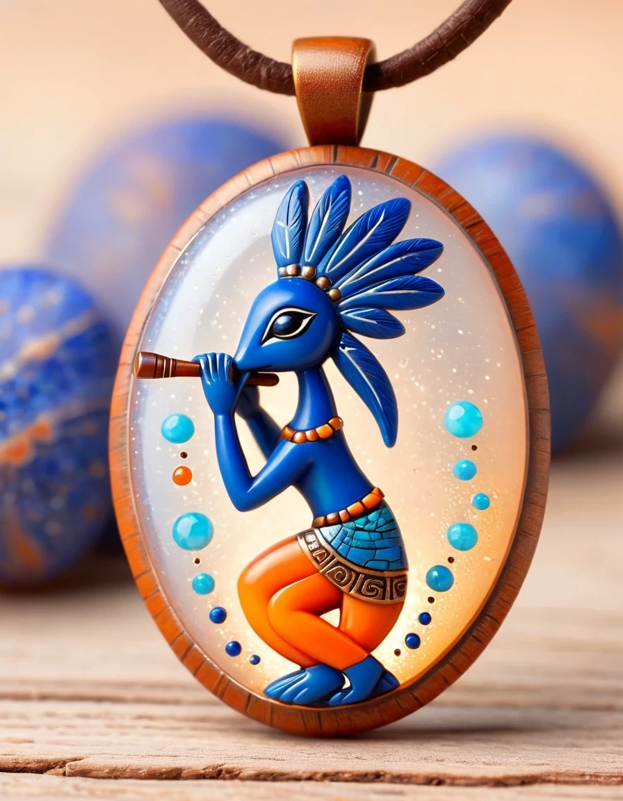 Minimalist pendant design，Kokopelli, the god of rain playing the flute, has an oval opal body.，Indian totem rain god Kokopelli，Indian elements，The matching stones are small amounts of lapis lazuli and turquoise，Coffee color，Orange，Clams，feather，gem，Retro，Old，Soft Light