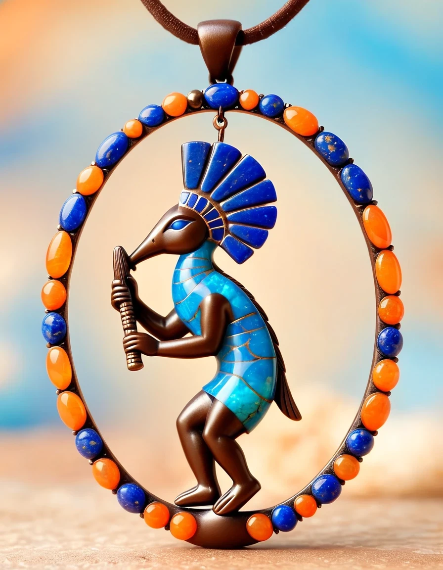 Minimalist pendant design，Kokopelli, the god of rain playing the flute, has an oval opal body.，Indian totem rain god Kokopelli，Indian elements，The matching stones are small amounts of lapis lazuli and turquoise，Coffee color，Orange，Clams，feather，gem，Retro，Old，Soft Light