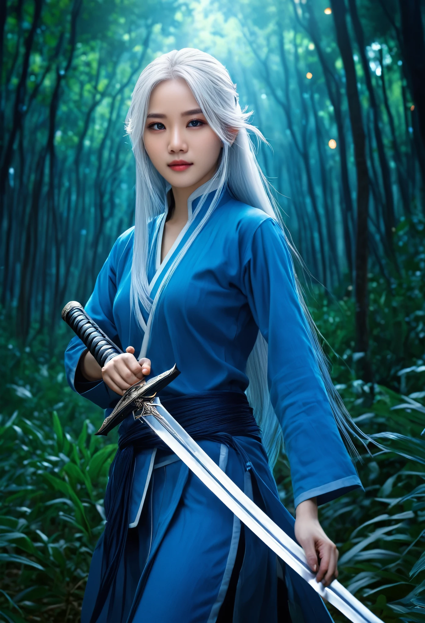 (masterpiece,best quality:1.5), vietnam woman with white hair, straight hair, blue clothes, holding a sword, in the style of dark azure and light azure, mixes realistic and fantastical elements, vibrant manga, uhd image, glassy translucence, vibrant illustrations, ultra realistic, long hair, straight hair, portrait, mysterious forest, firefly, bokeh, mysterious, night, sky, cloud, eyes detail, beautiful eyes, light in eyes, upper body