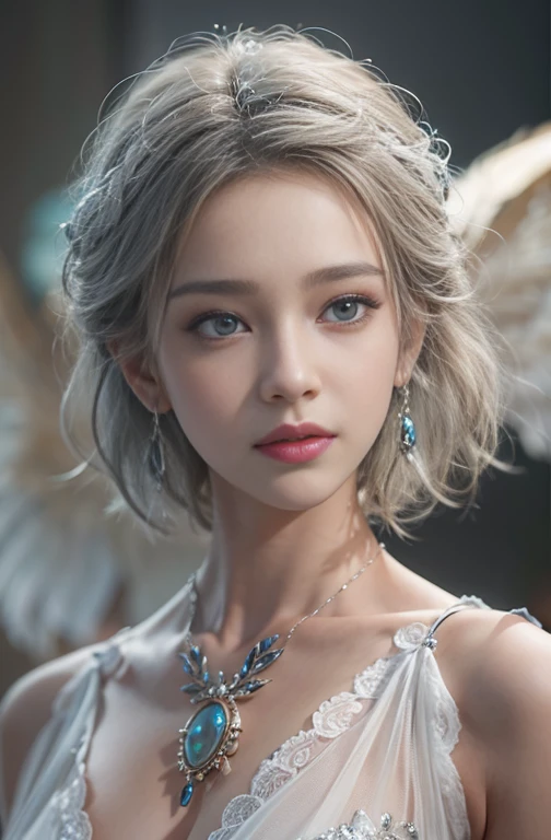 (masterpiece:1.3), (8k, Photorealistic, Raw photo, Best image quality: 1.4), Fair-skinned fairy woman、Long Haircut、Cleavage:2.0、Super detailed face、Attention to detail、double eyelid、Put your chest together、Sharp focus:1.2、Beautiful woman:1.4、Silvery white hair、highest quality、masterpiece、超A high resolution、(Photorealistic:1.4)、Highly detailed and professionally lit smile、Loose, light, Ancient Greek clothing、Shoulder out、thin、Serious expression、Short-haired、Deadly position, gorgeous necklace , one person、whole body, Enormous wings from the latissimus dorsi、Above the Clouds