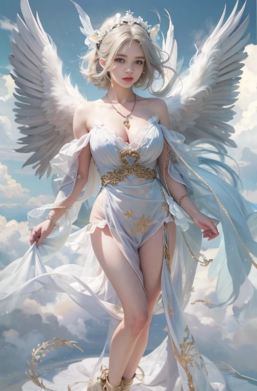 (masterpiece:1.3), (8k, Photorealistic, Raw photo, Best image quality: 1.4), Fair-skinned fairy woman、Long Haircut、Cleavage:2.0、Super detailed face、Attention to detail、double eyelid、Put your chest together、Sharp focus:1.2、Beautiful woman:1.4、Silvery white hair、highest quality、masterpiece、超A high resolution、(Photorealistic:1.4)、Highly detailed and professionally lit smile、Loose, light, Ancient Greek clothing、Shoulder out、thin、Serious expression、Short-haired、Deadly position, gorgeous necklace , one person、whole body, Enormous wings from the latissimus dorsi、Above the Clouds