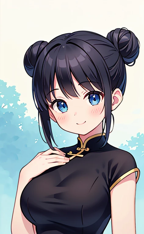 (masterpiece:1.4、top-quality、illustration:1.4,realistic、)、(character focus、,upper body:1.3)、(1girl),(happy smile:1.3),(cute),cute face,blue eyes、(cute)、
,(stand:1.4),(black hair bun),
,(slender),(china dress:1.3),
(),(), (large breasts:1.3)、
、slender、