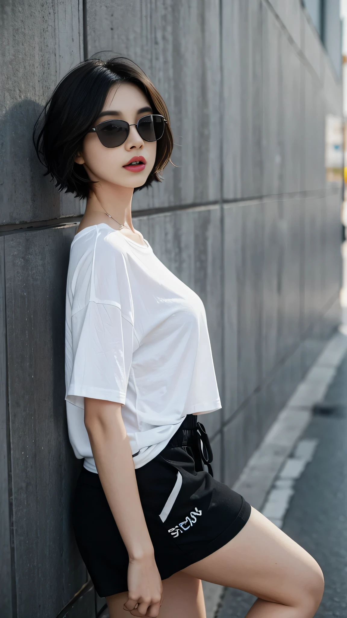 Girl in oversize t-shirt  and short for photo、short hair, black hair、Slim girl model、18-year-old female model、Wearing black sunglasses