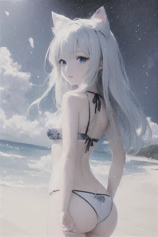 Anime girl in bikini with cat ears standing on the beach, Gweitz, perfect Gray-haired girl, Gweitz masterpiece, Gray-haired, Enchanting anime girl, artwork in the style of Gweitz, , Beautiful and attractive anime teen, Beautiful Anime girl, Beautiful Anime, Gweitz on pixiv artstation,Butt