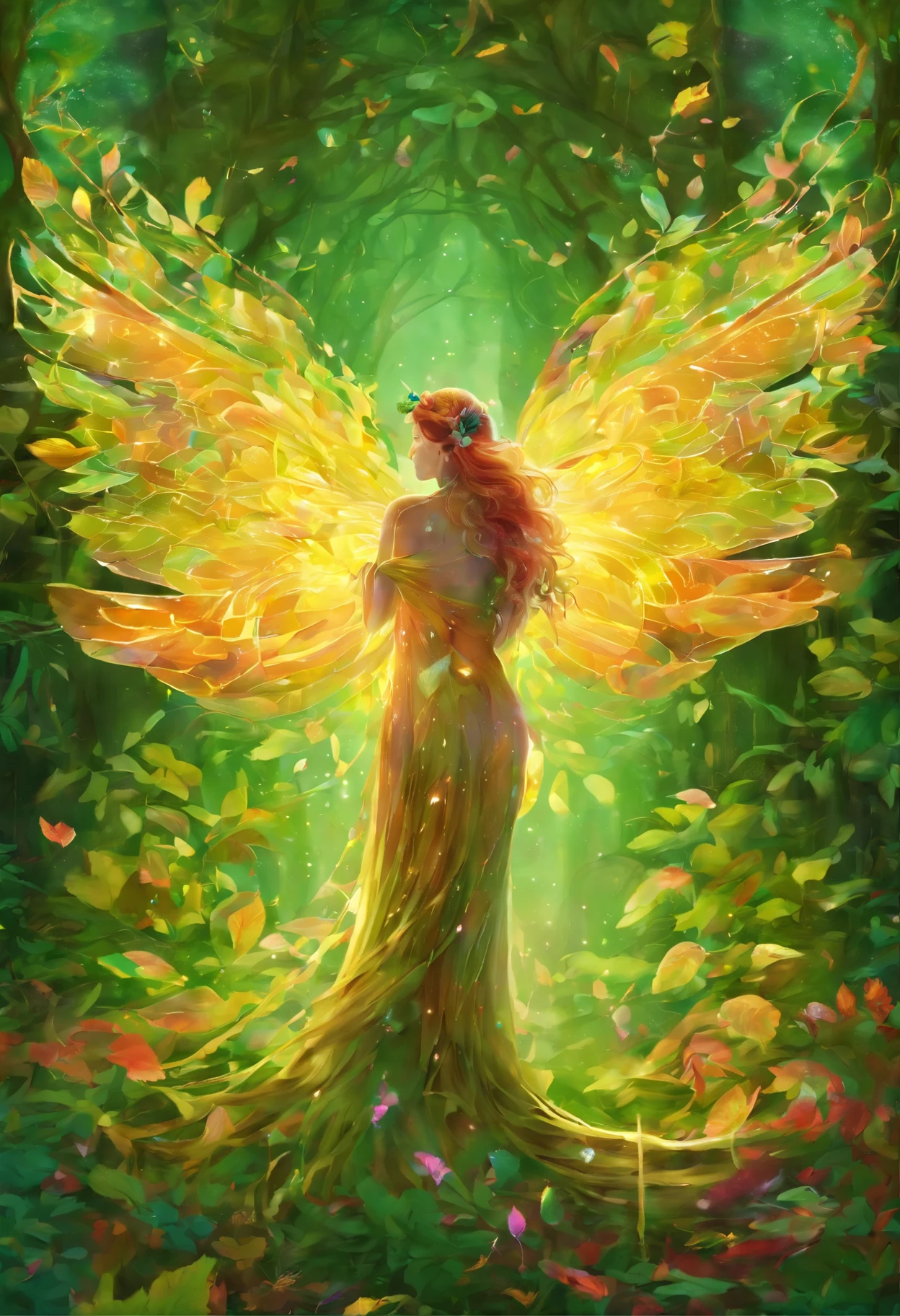 (highest quality,4K,8k,High resolution,masterpiece:1.2),Very detailed,(Realistic,photoRealistic,photo-Realistic:1.37),A forest spirit with glowing wings, Made of leaves and nature,Mysterious glow,Pure,Majestic,green,Dreamy environment,Magic enchantment,delicate and intricate leaf pattern,,,Harmony with the surroundings,Sunlight reflected on the wings,Glowing in the dark,Calm and elegant posture,Evoking the forces of nature,A little dew on the wings,Soft and gentle color palette,An atmosphere of mystery and enchantment,A touch of magic in the air,The whispering wind and the rustling leaves,Connection with trees and plants,A strong connection to the forest,Full of natural energy,Pure美しさと無邪気さ,evoke a sense of wonder and awe,Graceful and smooth movements,Natural and organic aesthetic,The Beings of Heaven and Spirit,Sunlight filtering through the forest canopy,Fairy-like features,Wisdom and Ancient Aura,Charmed、Untouched Forest Kingdom,Step by Step、Every time I flap my wings, Magic is born,Delicate and ephemeral,Illuminating the darkest corners of the forest,Close bond with forest animals and creatures,peaceful and calming atmosphere,Deep harmony between nature and nymphs,Whisper the secrets of the forest,Each leaf is intricately designed、Vibrant,An overwhelming sense of calm and serenity,A lively and playful spirit.