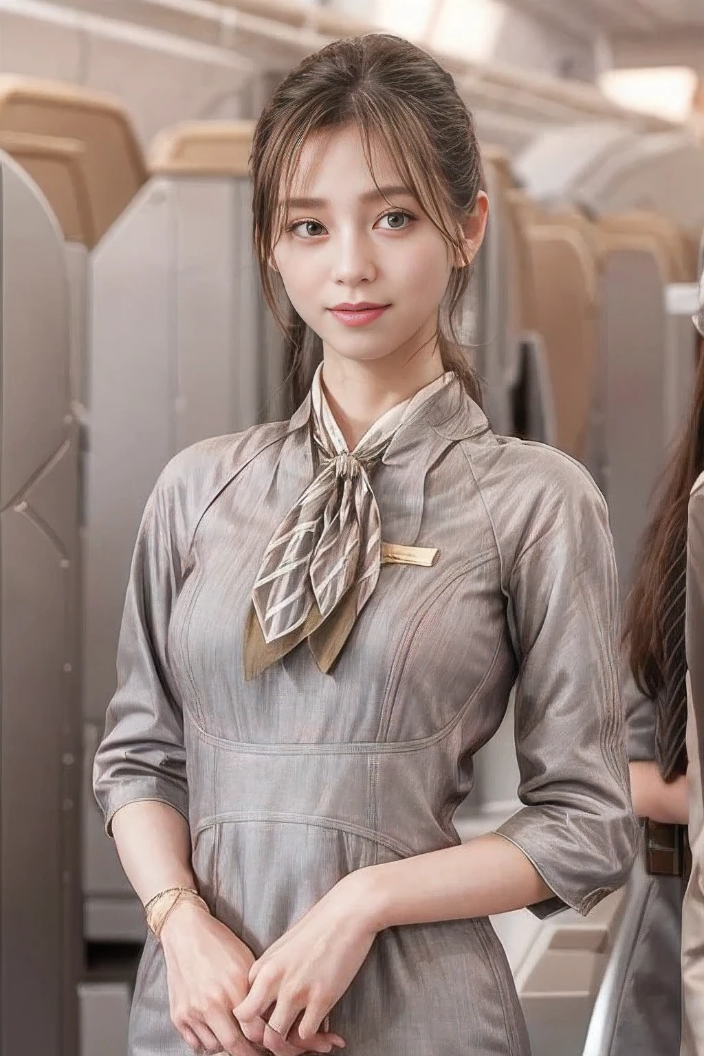 (masterpiece:1.2、highest quality:1.2)、32K HDR、High resolution、(alone、1 girl、Slim figure、Young woman 28 years old)、（Realistic style with Starlux Airlines uniform）、 (In the airport lounge, Professional Lighting)、（Starlux Airlines silver uniform:1.4）、（Starlux Airlines silver uniform with short sleeves）、（scarf on chest）、Big Breasts、（Long hair updo、Long hair tied back in a chignon）、Dark brown hair、Long Shot、（（Fine hand：2.0））、（（Harmonious body proportions：1.5））、（（Normal limbs：2.0））、（（Normal finger：2.0））、（（Delicate eyes：2.0））、（（Normal eyes：2.0））)、Beautiful standing posture