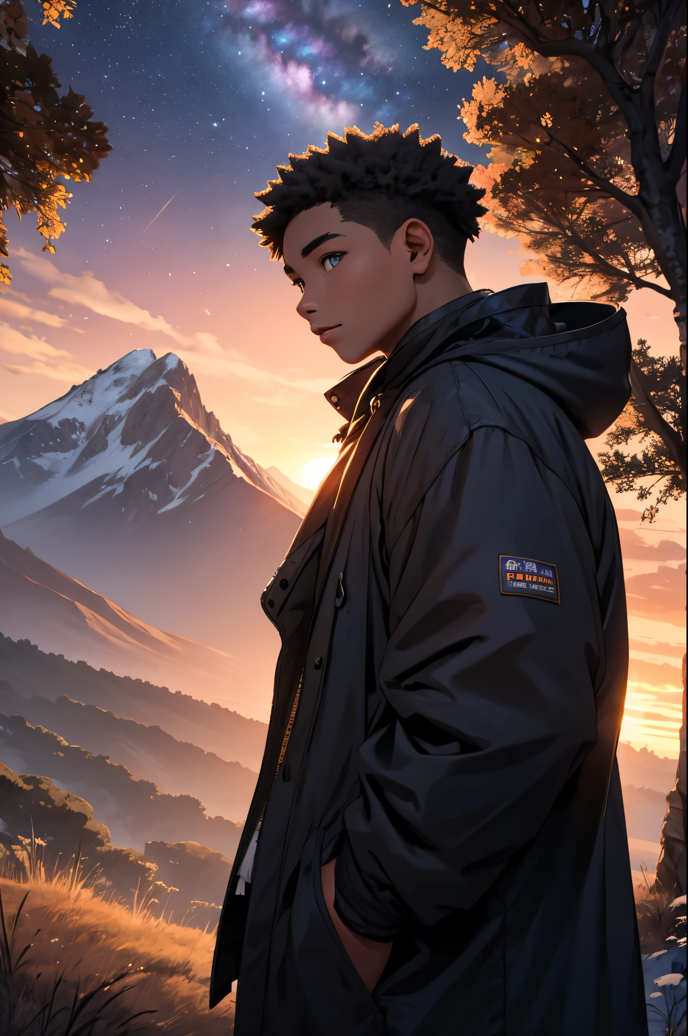 A black boy wearing a cold coat looking at the horizon surrounded by mountains in front of a cliff with an epic sunset and the sky full of twinkling stars surrounded by trees in high resolution best image quality very sharp details 