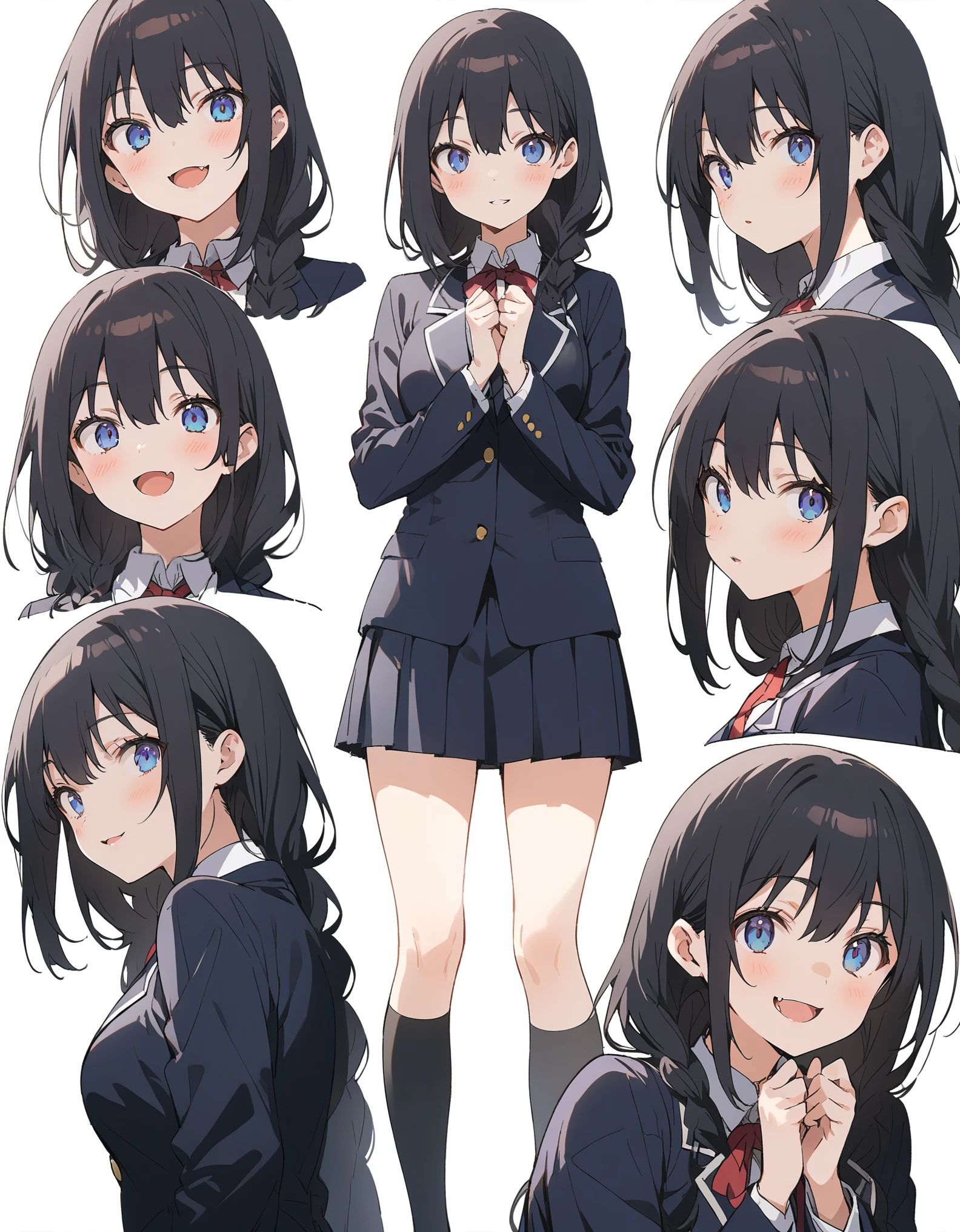 White background、Solid white background、Blank background、just standing girl, One Girl、Point your nose forward、Ultra-high resolution, highest quality,fish-bone braid hair、Fishbone Hair、black hair、Upper body shot from the front,arms behind back、Put your hands behind your back、Hide your hands、busty、beautiful detailed eyes、Black hair × Blue eyes、blue eyes、Open your mouth without showing your teeth、Smile with mouth wide open、 Black long sleeve blazer,Black pleated skirt、Knee-high socks、