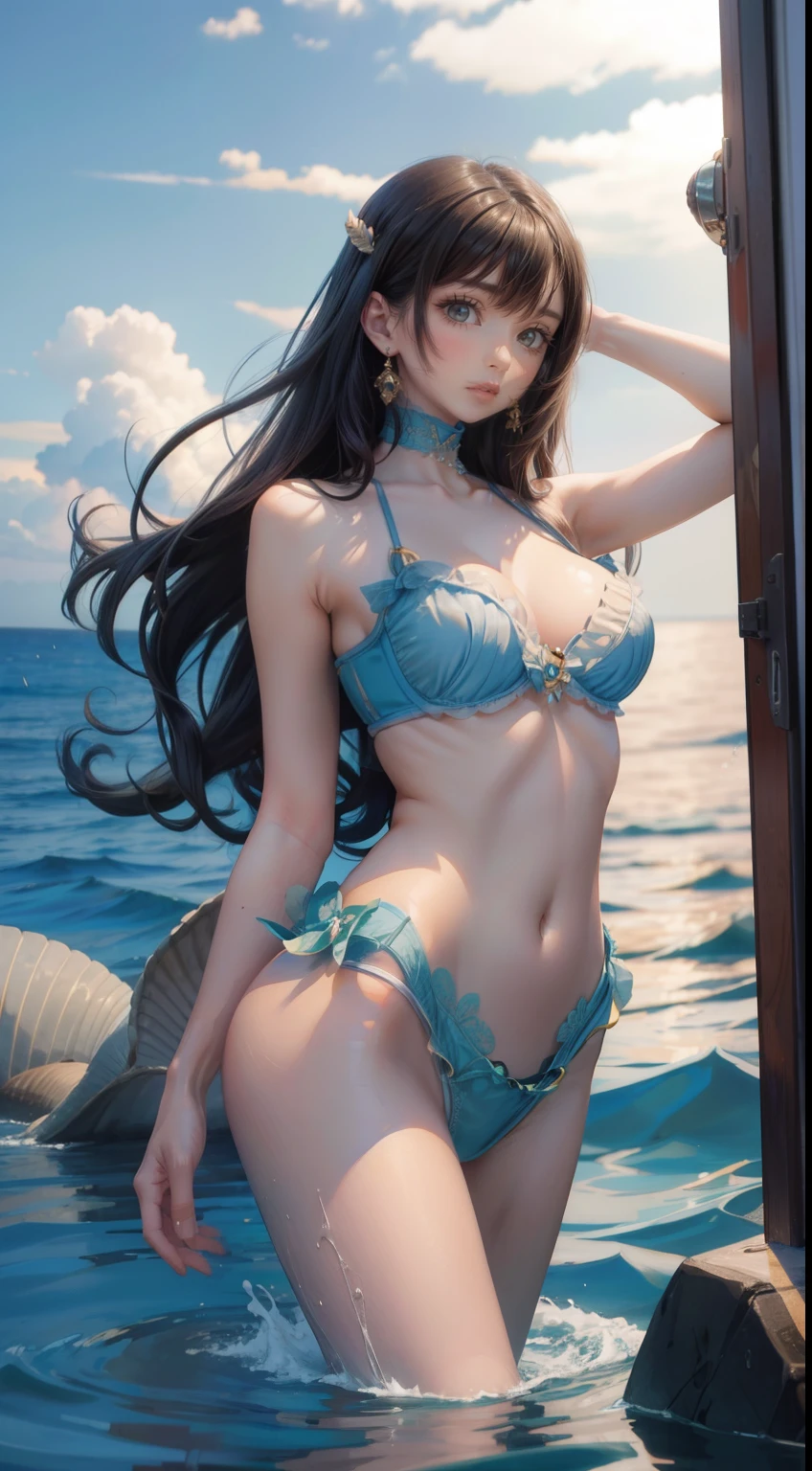 young female mermaid、Sea、Long Hair、Seashell Bra、Big Breasts、Perfect figure、Perfect beauty、Second dimension beautiful girl