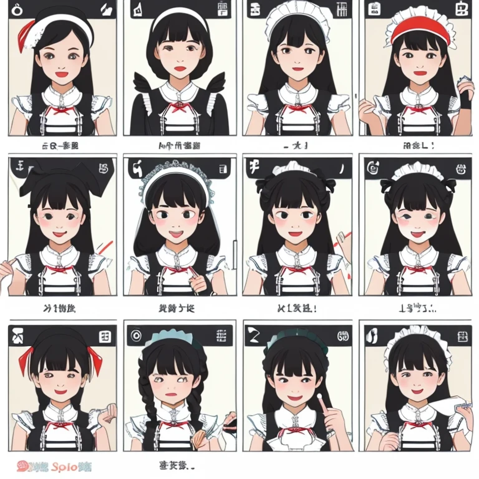 line stamps, 9 divisions, maid, various poses and expressions