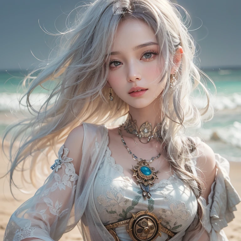 (masterpiece:1.3), (8k, Photorealistic, Raw photo, Best image quality: 1.4), Fair-skinned fairy woman、Long Haircut、Cleavage:2.0、Super detailed face、Attention to detail、double eyelid、Put your chest together、Sharp focus:1.2、Beautiful woman:1.4、Silvery white hair、highest quality、masterpiece、超A high resolution、(Photorealistic:1.4)、Highly detailed and professionally lit smile、Loose, light, steampunk、Shoulder out、thin、Serious expression、Short-haired、Deadly position, one person、whole body,walking the beach、Gorgeous necklace、