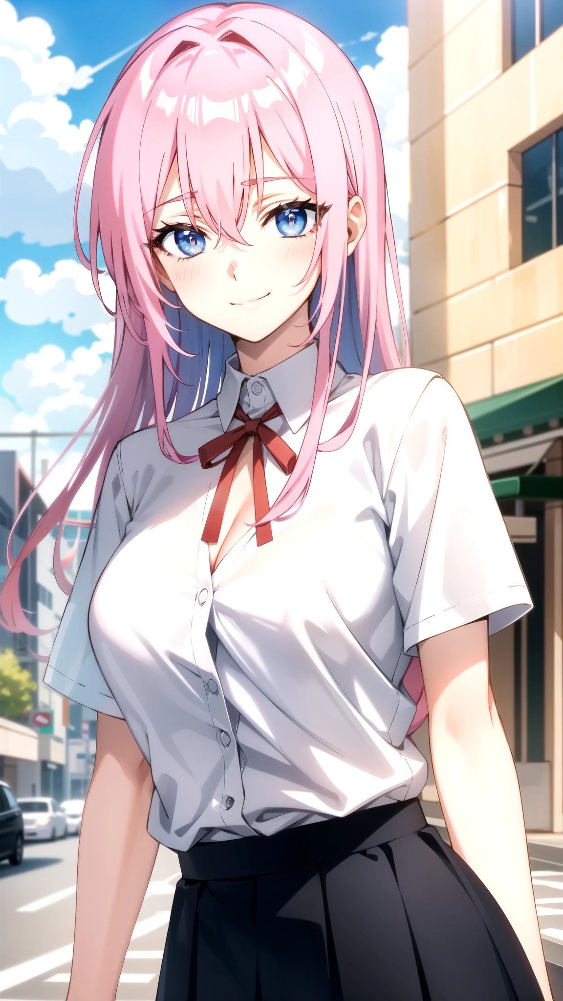 cleavage,tall body, tall, long legs, mature female, mature, adult, simple background
 eft_shikimori, 1girl, blue eyes, pink hair, shirt, smile, looking at viewer, outdoors, solo, cloud, white shirt, long hair, sky, upper body, short sleeves, red ribbon, day, ribbon, bangs, hair between eyes, , blue sky, collared shirt, closed mouth, neck ribbon, blurry, blurry background, sidelocks, skirt