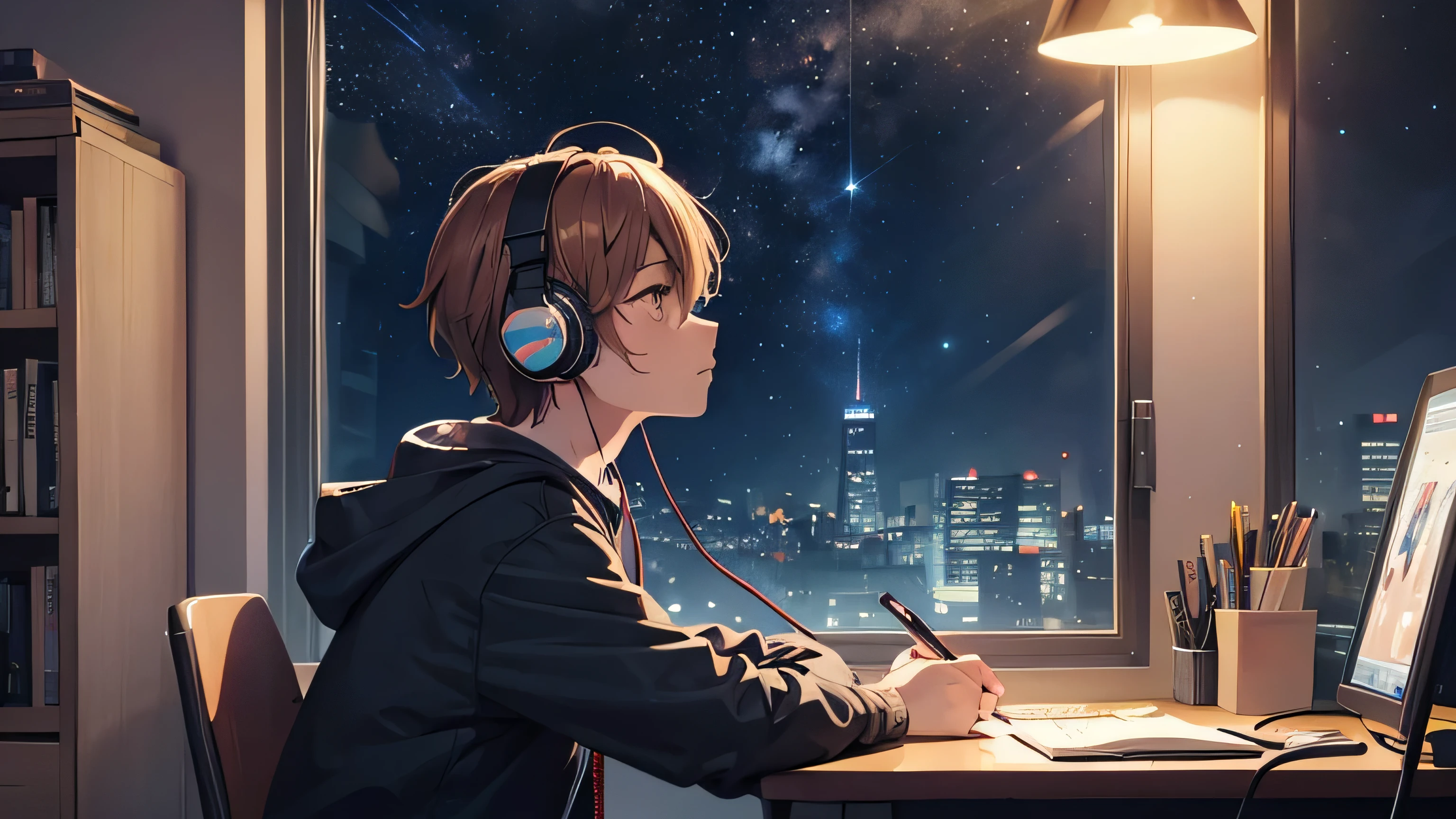 Male anime character sitting with headphones, Lofi Artstyle, Digital anime illustration, detailed 2D illustration, Lofi Art, 2D illustration, 2D illustration, Illustrative animation styles, Background Window, night with lamp, night, Stars in the window, Distant image of the character, Super detailed, (look up), (look up), (study), No pencil.