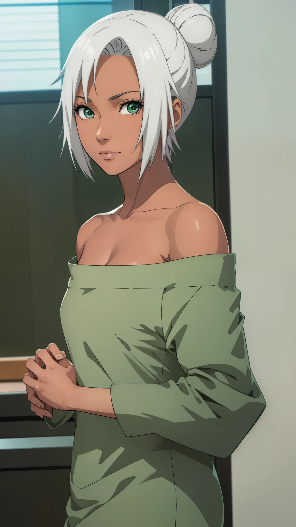 one-girl，plumw，Mabui, short detailed hair, (green-eyed:1.2), White hair, hair-bun, Dark-skinned women,Off-the-shoulder attire，ssmile，looks into camera，