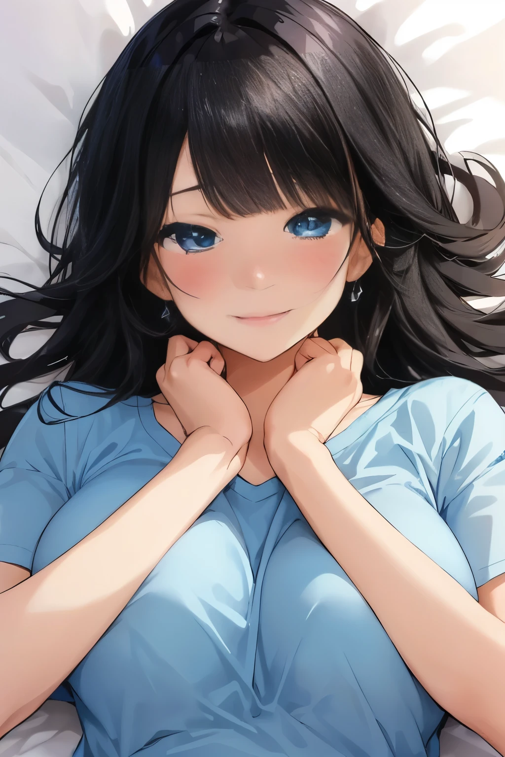 Masterpiece、highest quality、Woman 1、Super detailed　Black Hair、Blunt Bangs　Blue Eyes、Beautiful eyes　T-Shirts　Smiling、blush　Face is close、Facial Close-up、Bring your head closer　Sheetsに寝転がる、Bed In　Sheets