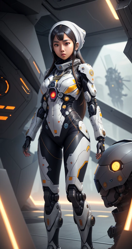 Imagine a Malay girl wearing a headscarf in a futuristic command center, Strategically coordinate the actions of her mech suit to respond to crises, Demonstrate her leadership and intelligence