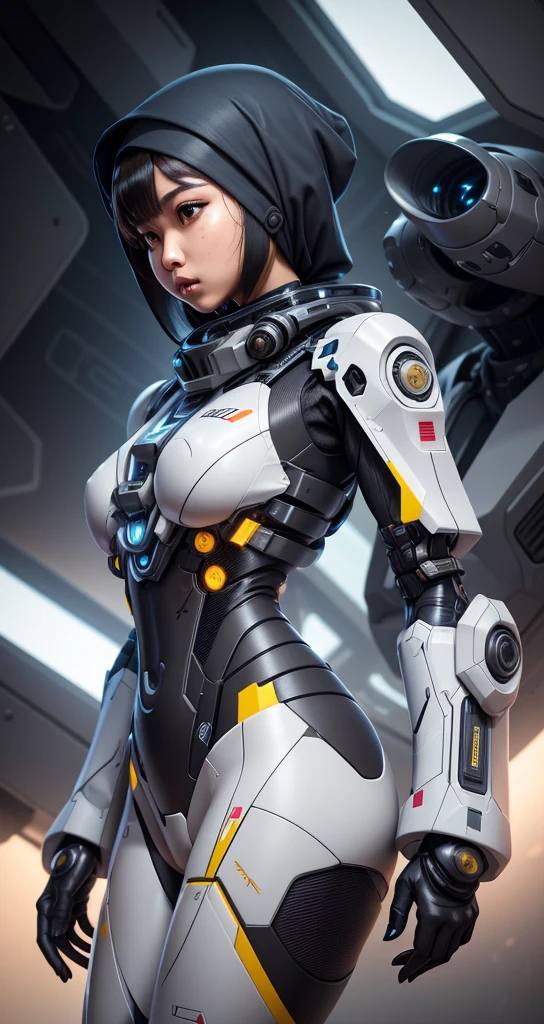Imagine a Malay girl wearing a headscarf in a futuristic command center, Strategically coordinate the actions of her mech suit to respond to crises, Demonstrate her leadership and intelligence