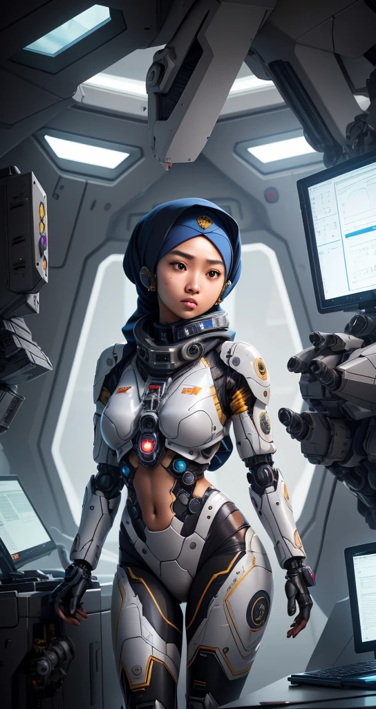 Imagine a Malay girl wearing a headscarf in a futuristic command center, Strategically coordinate the actions of her mech suit to respond to crises, Demonstrate her leadership and intelligence