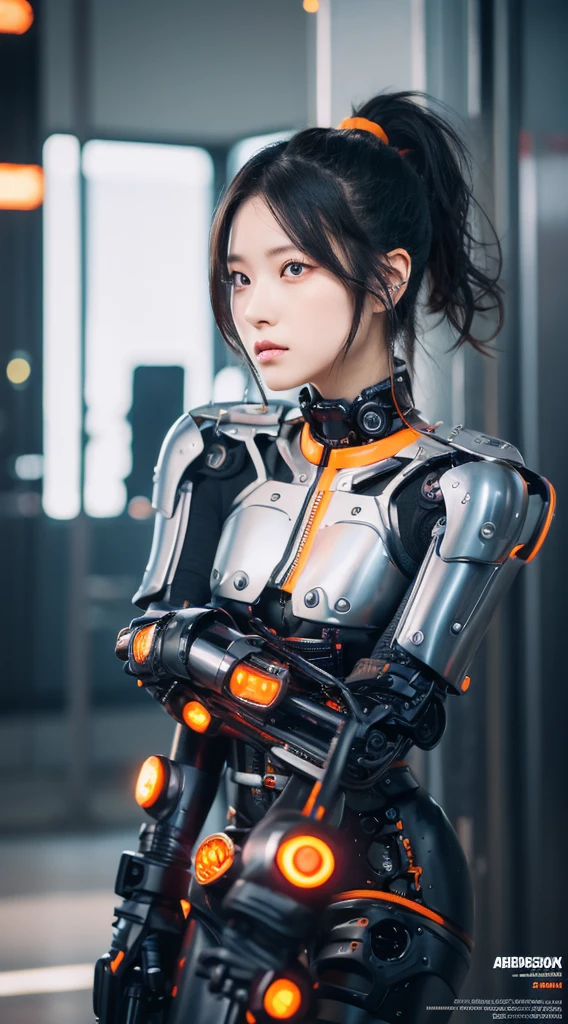 Cyberpunk, female, Special abilities, , Mechanization enhancement, beauty, Black Hair, Japan, Knees up, Delicate face, Petite, Ponytail, Mechanical Eye, ((Orange eyes: 1.2)), Glowing eyes, Prosthetic hands, Prosthesis, Waiting for mobilization