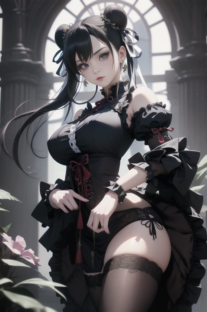 (vivid colors,ultra-detailed),(best quality,realistic:1.37)chun li as a Victorian goth girl in a dark Victorian era backdrop, full body, reimagined