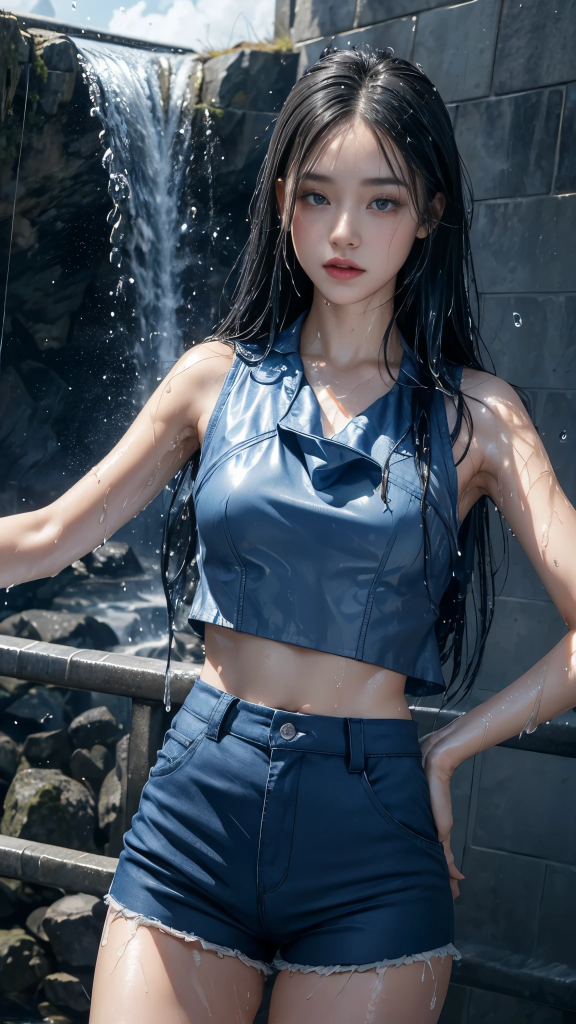 8k, masterpiece, 1 girl, beautiful face, very long hair, light makeup, shining skin, detailed eyes, detailed lips, small bust, ((wet clothing)), wet blue vest, blue mini shorts, ((under pants)), ((bare thigh)), straps clothing, (water falling:1.4), steam effect, water vapour,
