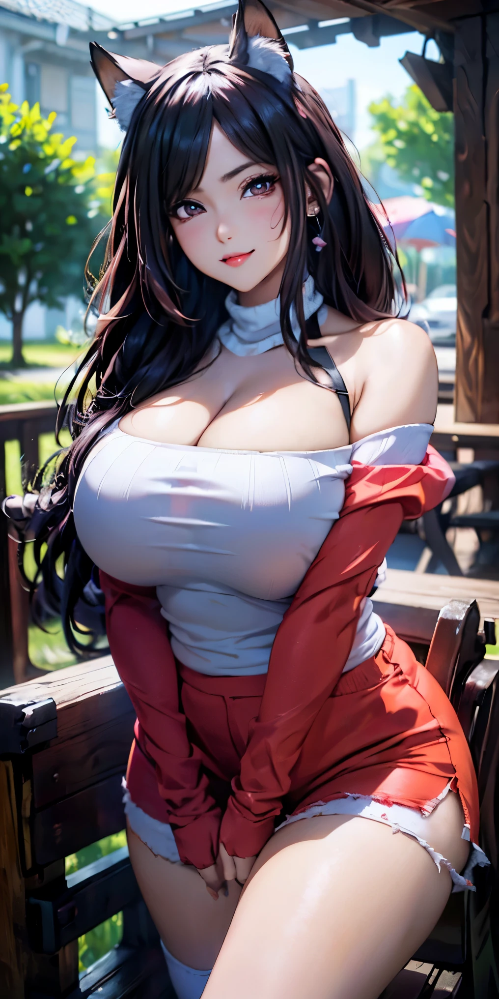 beautiful, breathtaking mature fox-woman, large, sagging breasts, light black hair with white streaks, pink eyes, earrings, (short shorts, superiority, naughty, thick thighs, off-shoulder sweater, long sleeves, with a sexy neckline: 1.1), (micro shorts: 1.1), black thigh high socks, ((masterpiece, best quality; 1.3)), ultra detailed, 8k unity wallpapers, CG, ray tracing, illustration, colorful, cinematic shadow, extremely detailed and beautiful background, vhd, VRay Shading, RT)), (slutty face: 1.2), mischievous smile, (large saggy breasts), wide hips, big ass, flirting with the viewer, facing the viewer, facial blush, standing in front, cute sexy pose, cowboy shot, on home porch, night, bright, bright light, ultra detailed, scenic, atmospheric, bimbo, big lips, detailed face and eyes, tilt headshot, intimacy, medium shot, thigh height, from below, gyaru, hair clip