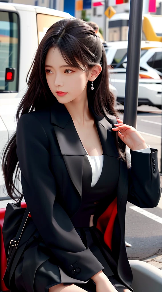 Best quality, Masterpiece, 1girl huge breasts, Beautiful face, (Shoot real:1.3), Edge lighting, (High Detail Skin:1.2), 8k UHD, Digital SLR Camera, high quality, high resolution, 4K, 8k, Bokeh, absurd, The best ratio of four fingers and one thumb, (Realistically:1.3), Cute 1girl, Wearing a black formal suit jacket, , Short skirt,Long sleeve