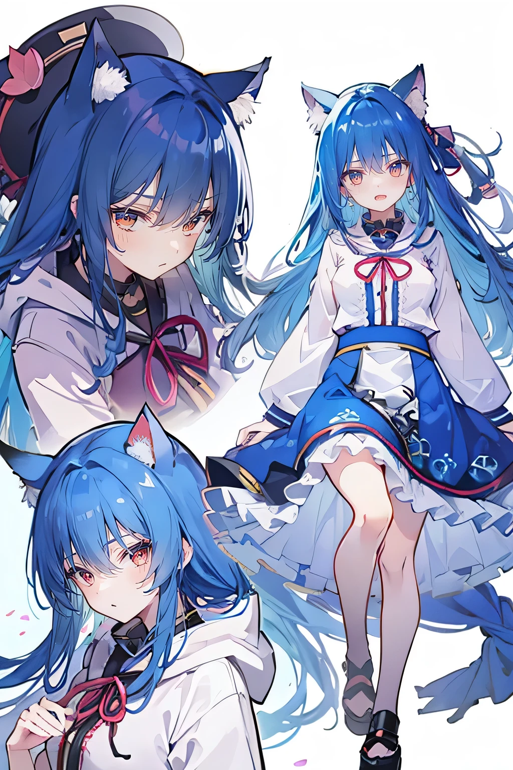 (masterpiece:1.2),Super detailed,lifelike,Expressive eyes,fair skin,perfect face shape,1 girl,
Japanese comics,Gorgeous blue hair,flowing blue hair,flowing clothes,Cat ears,Petals fall,beautiful lola,Baby Angel,
Shaking head with one hand,Cross your legs,Gentle and peaceful background,The pavilion is cool and comfortable,smile, wearing hoodie, background of tokyo,back views,snowing, winter,Looking down, disgusted expression.