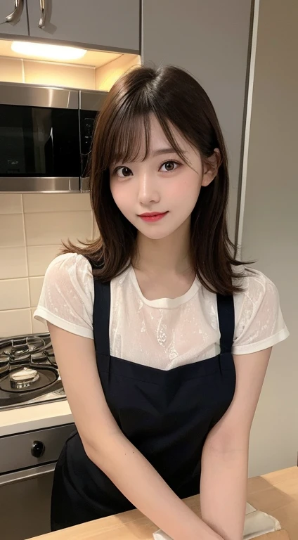 最high quality,Very detailed,finely,High resolution,8K壁紙,Perfect dynamic composition,Beautiful eyes,若い日本人woman,Age 25, Black Hair, thin, 4K, 8K, high quality, beauty, smile, Beautiful Eyes, Characterized by simplicity, High resolution,woman,Japanese Idols,Random facial expressions,White teeth,smile,whole body,Drawn angle of view,Smooth Hair,Selfie,Natural look,Random emotions,Naked Apron