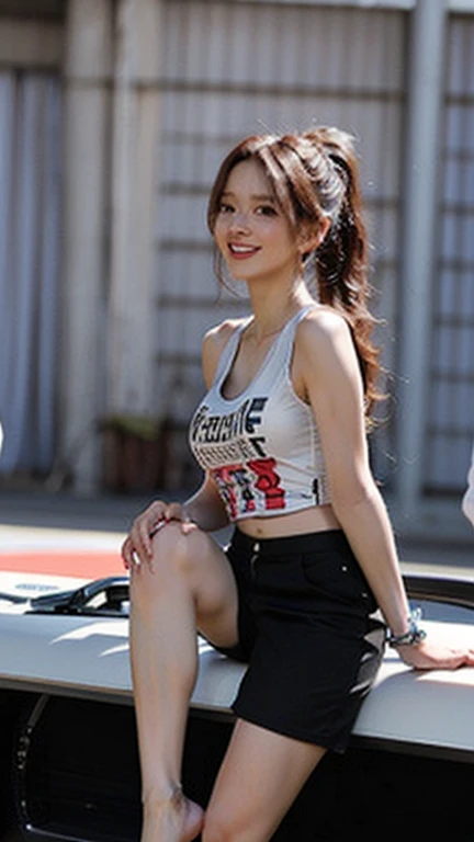 (High resolution 8K),( highest quality), Very detailed, (masterpiece), Realistic, Very detailedなかわいい女の子,( Age 25), (From the whole body to the toes:1.2),(Shooting from the side:1.2),(sitting on the hood of a car),(Race Queen),(Natural pose),(Hair tying pose),(Big Breasts),(Big Ass),(Smiling at the camera),( Smiling while looking at the camera ),(Full Body Shot:1.2) ,((Side shot 1.2)),(ponytail),(photoRealistic:1.3),((Wear a sponsored grid girl costume,Wearing a tank top with a logo printed on it)), ((Logo Print Shorts)),(Participate in a motorsport race), (Look at me and smile),