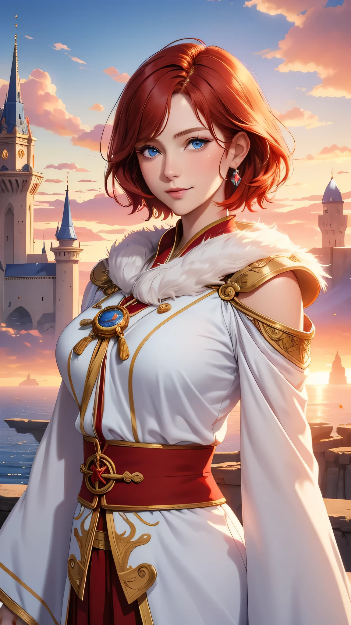 Best quality, 30 year old woman, short red hair, blue eyes, slight smile, upper body, fancy mage robes, intricate details, fluffy clouds, fantasy city, sunset,