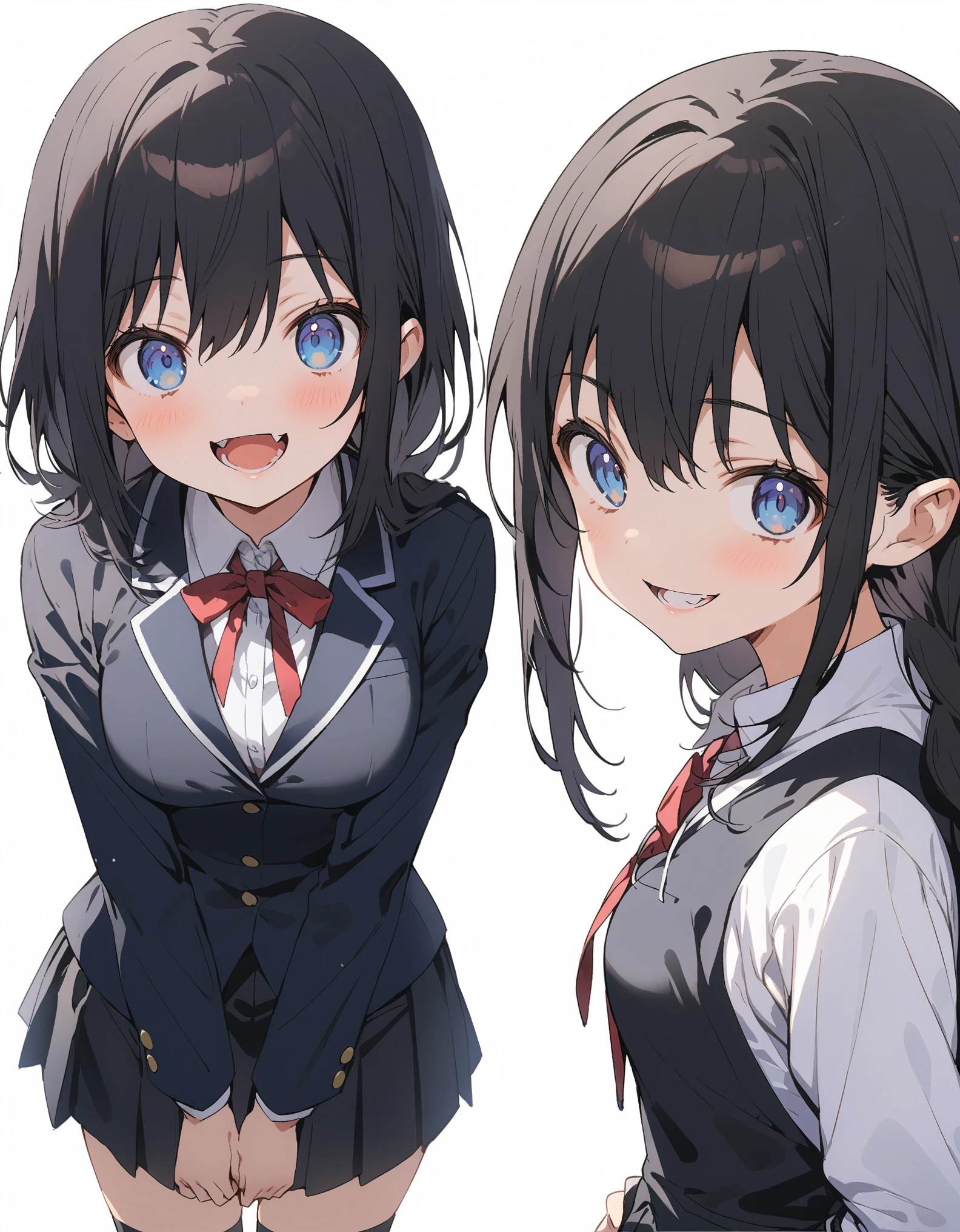 White background、Solid white background、Blank background、just standing girl, One Girl、Point your nose forward、Ultra-high resolution, highest quality,fish-bone braid hair、Fishbone Hair、black hair、Upper body shot from the front,arms behind back、Put your hands behind your back、Hide your hands、busty、beautiful detailed eyes、Black hair × Blue eyes、blue eyes、Open your mouth without showing your teeth、Smile with mouth wide open、 Black long sleeve blazer,Black pleated skirt、Knee-high socks、