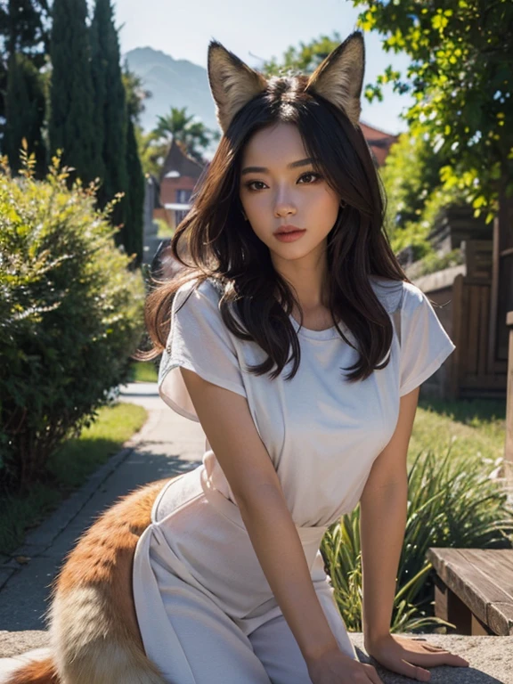 ((highest quality, 32k)), ((masterpiece)), (Get used to it), Perfect Face, Fox Girl, Beautiful woman, public, Has a tail, She has a fox&#39;s tail, She wags her fluffy tail, smile, Dog collar, She is wearing a dress, Beautiful hip line, A tail sticking out from the skirt of a dress, Large Breasts, Tail on the buttocks