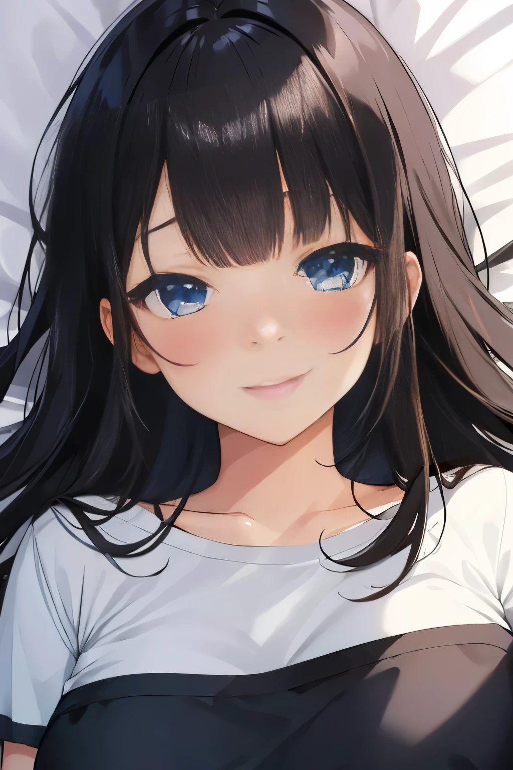 Masterpiece、highest quality、Woman 1、Super detailed Black Hair、Blunt Bangs Blue Eyes、Beautiful eyes T-Shirts Smiling、blush Face is close、Facial Close-up、Bring your head closer Sheetsに寝転がる、Lying on your side、Bed In Sheets