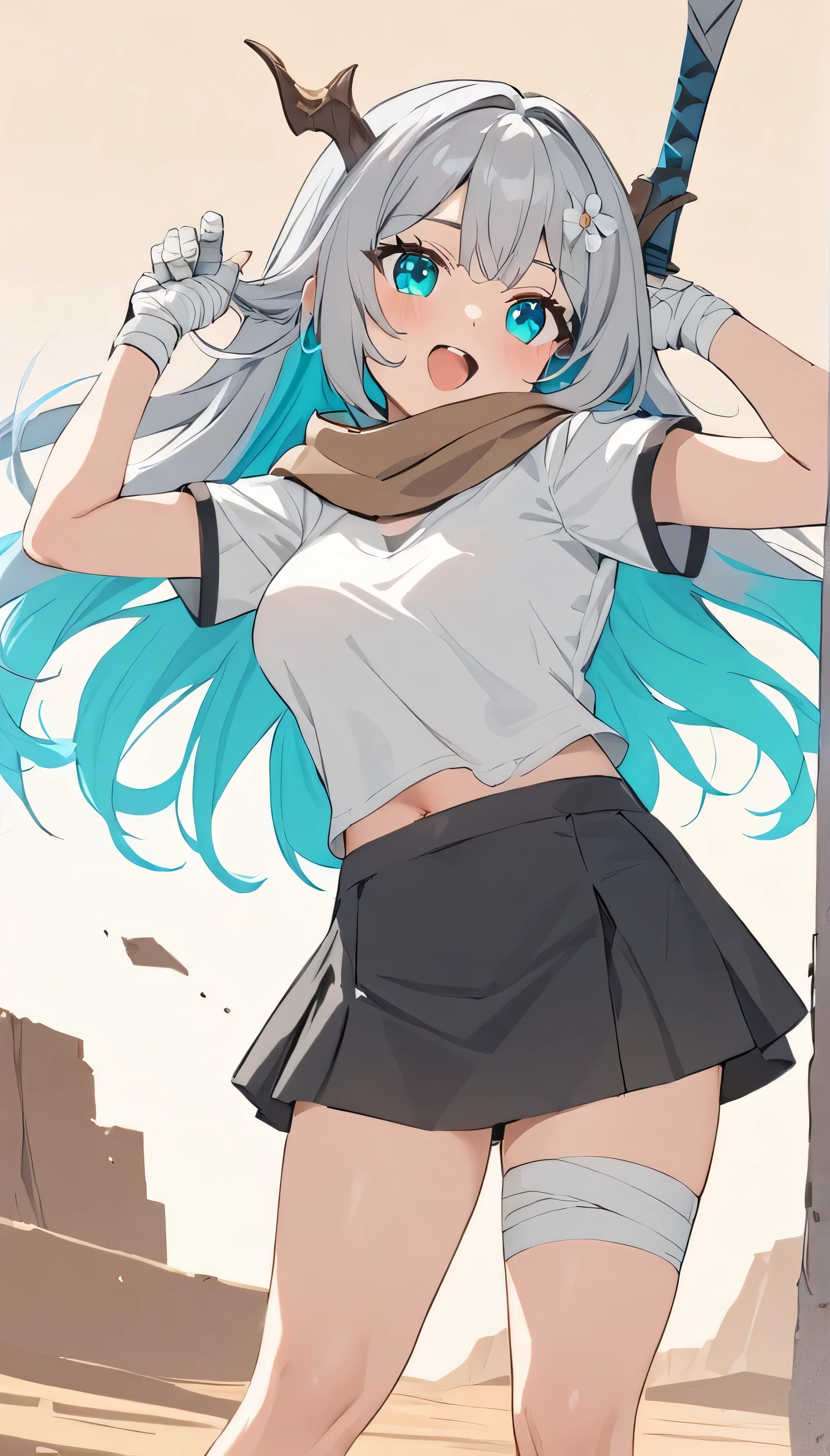 Resolution full, best quality, masterpiece, full HD, very sharpener, very detail, best art, pixiv art, depth of field,  beautifull girl, super detailed, 1girl, waifu, cute waifu, cute girl, long hair, multicolor hair, grey hair, aqua inner hair, dragon horns, white flower hair ornament, beautiful cyan bright eyes, medium  breast, open mouth, white T - shirt, brown scarf, short black skirt,  bandage hands, bandage legs, (holding sword), at desert, post apocalypse