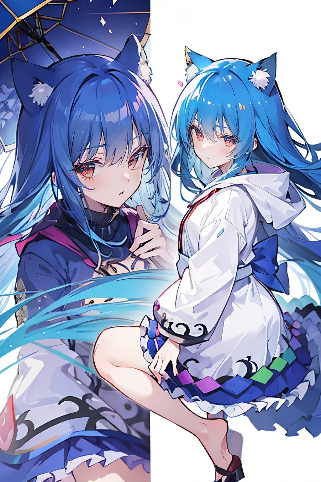 (masterpiece:1.2),Super detailed,lifelike,Expressive eyes,fair skin,perfect face shape,1 girl,
Japanese comics,Gorgeous blue hair,flowing blue hair,flowing clothes,Cat ears,Petals fall,beautiful lola,Baby Angel,
Shaking head with one hand,Cross your legs,Gentle and peaceful background,The pavilion is cool and comfortable,smile, wearing hoodie, background of tokyo,back views,snowing, winter,Looking down, disgusted expression.