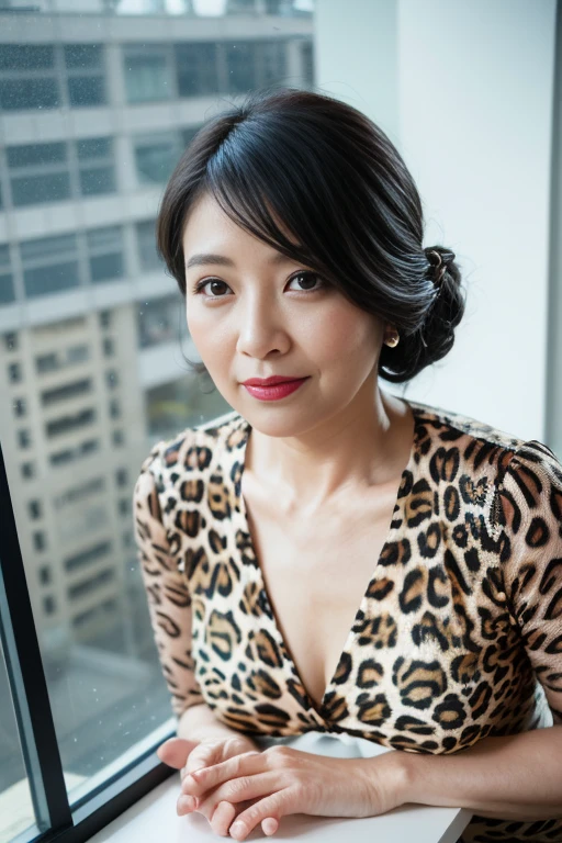 1 girl, Mature Woman, Best, bow, photograph, Realistic, highest quality, hire, Detailed face, office, Building seen from the window, Detailed Background, Diffused sunlight, Written boundary depth, Bokeh、cute、Sparkly leopard print bikini with glitter、38 years old、Straight eyebrows