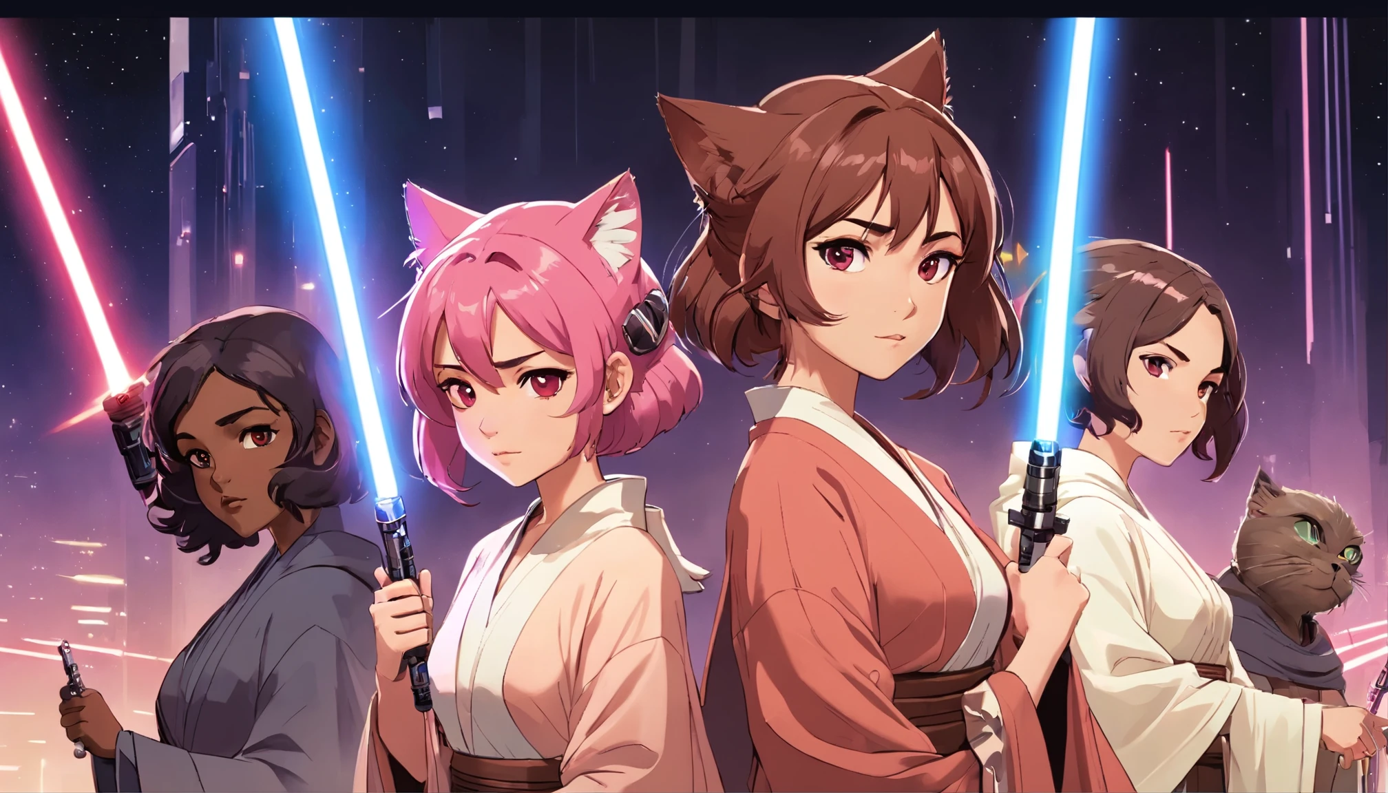 ((grupos de 4)) (mujer hermosa con el cabello largo color rosa y orejas de gato y ojos morados y su sble laser color rosa), (1 chico con el cabello largo y oscuro muy hermoso sosteniendo su sable laser color azul) (1 Jedi with medium brown hair and another with dark skin with a green lightsaber), Unos Grandes Maestros Jedi de Star Wars al estilo de Mark Demsteader, fondo en el El Consejo Jedi en el planeta Coruscant, Situado en una de las cuatro torres del Templo Jedi, entre los jedi