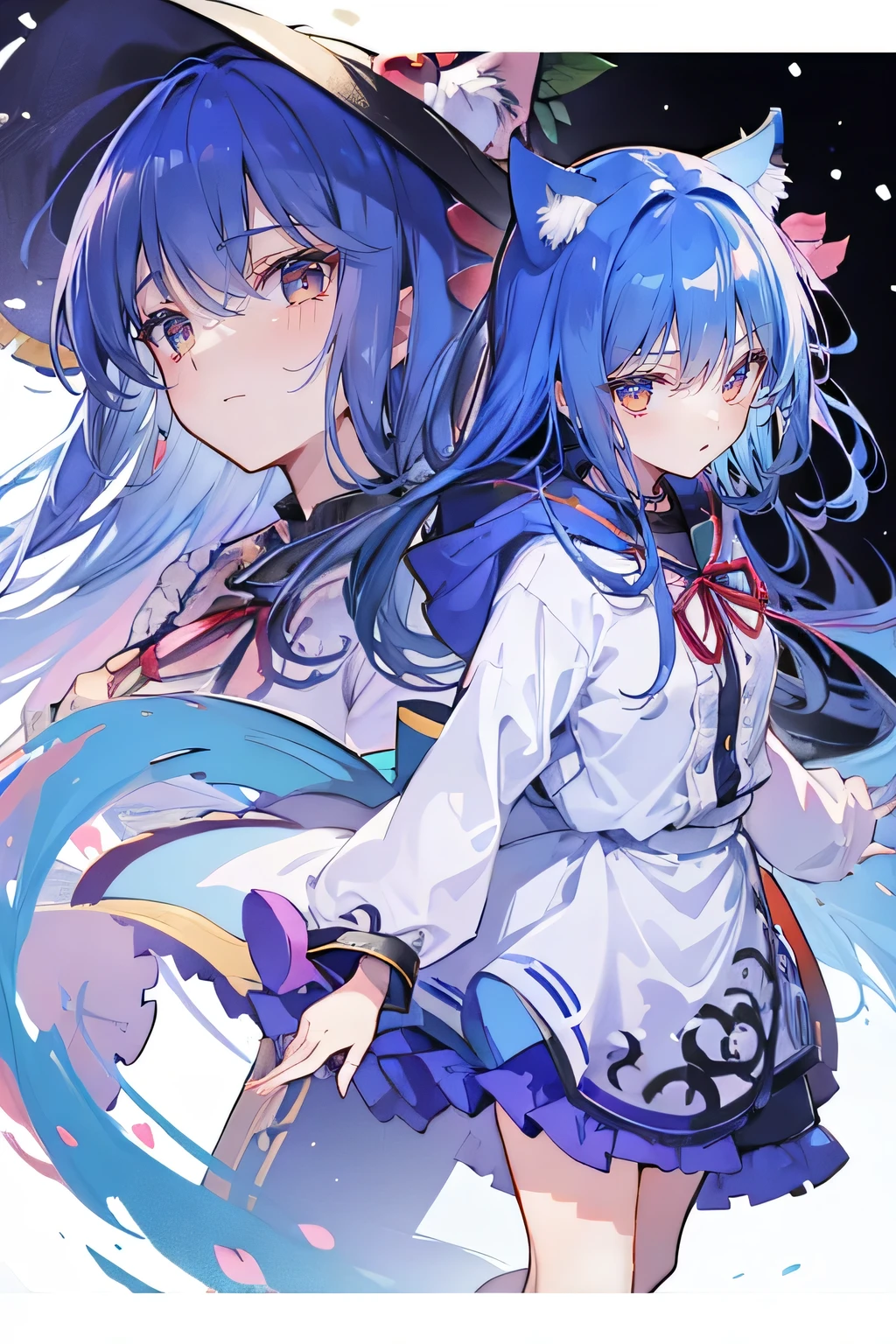 (masterpiece:1.2),Super detailed,lifelike,Expressive eyes,fair skin,perfect face shape,1 girl,
Japanese comics,Gorgeous blue hair,flowing blue hair,flowing clothes,Cat ears,Petals fall,beautiful lola,Baby Angel,
Shaking head with one hand,Cross your legs,Gentle and peaceful background,The pavilion is cool and comfortable,smile, wearing hoodie, background of tokyo,back views,snowing, winter,Looking down, disgusted expression.