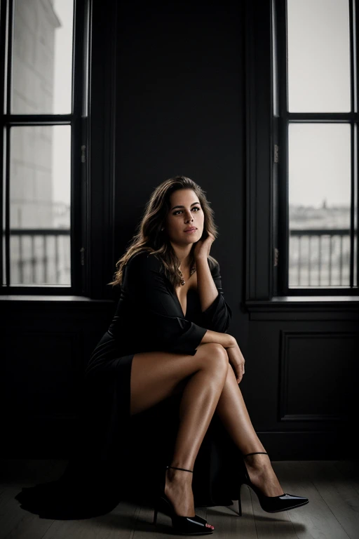 Photo brute, visage portrait photo complete  une belle 26 ans.oh woman, Visage mignon, porter une robe noire, avec un talons 👠 mine réjouie, ombres dures, cinematic shot, Dramatic lighting