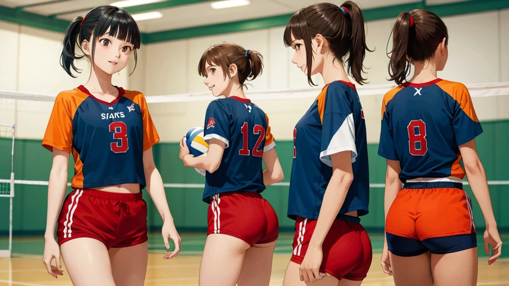 ponytail、Short Hair/(Volleyball Uniforms/Red mini shorts・Blue mini shorts・Green mini shorts、Orange mini shorts)、/(Dark Brown Hair/ponytail) bangs、Blushing bright smile、(Masterpiece of the highest quality:1.2) Delicate illustration with super details、 BREAK /(Volleyball court indoor/)Multiple women