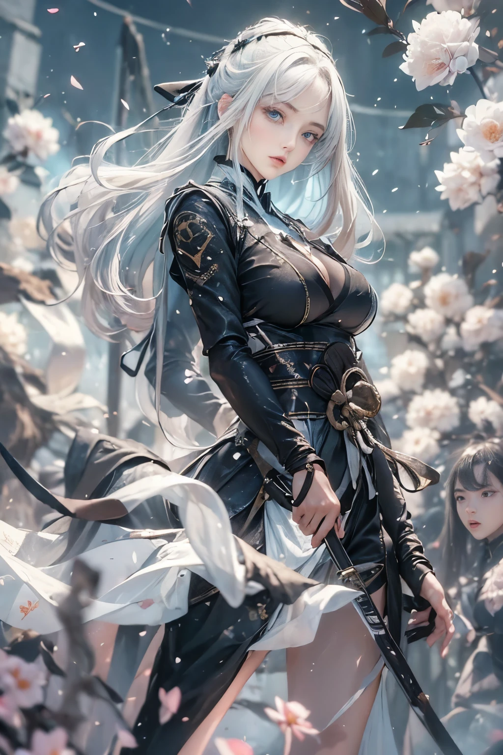 ((((masterpiece, Best Quality, High resolution)))), extremely detailed 8K, {(1 girl:1.6), sexy Beautiful 17 years old girl with slim body, (ninja:1.8):1.6}, (Ultra HD, Ultra-detailed, Highly detailed, Highly realistic, Ultra-realistic, photos realistic), {deep depth of field, (god ray:1.2), (bounced front lighting:1.1), (soft diffused lighting:1.6) }, (1girl:1.5), white long hair, (dynamic sexy poses), (very delicate and natural hair:1.3), facing at camera, light smile, (big firm bouncing breasts: 1.6), (very delicate and natural face, very delicate and natural eyes:1.3),(very delicate and natural clothes:1.2),(crystal blue eyes:1.2)  (sexy see-through black ninja suit, The chest part of the suit is widely open, Chest exposed:1.5), {white roses, (battle field:1.6), (flower storm:1.3)}