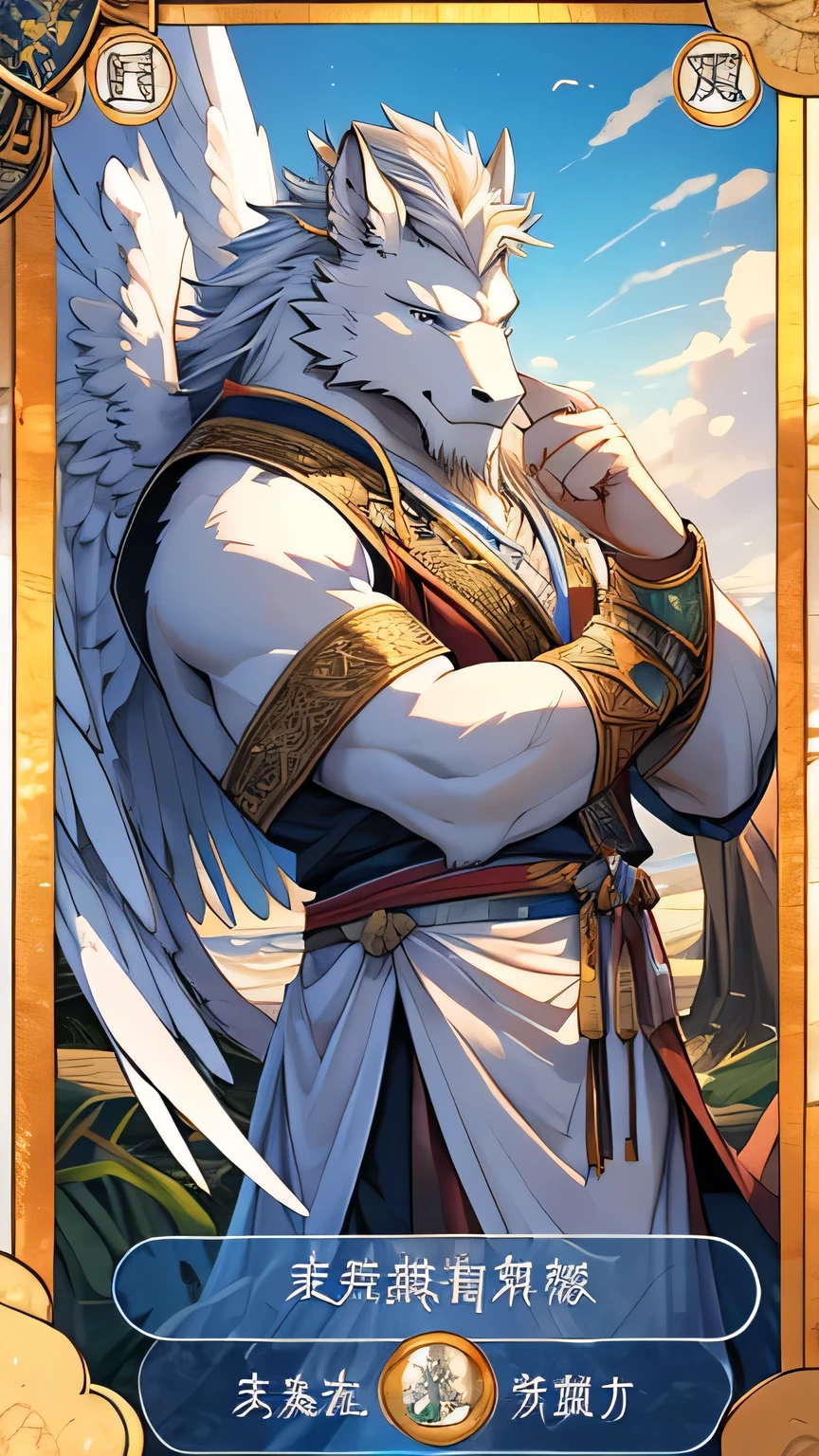 (Best quality,highres,masterpiece:1.2),Ultra Detailed,(lifelike,Photo-like lifelike,Photo-like lifelike:1.37),Tarot,Card Theme,A gentle male white Pegasus beastman with the word "wind" on his head