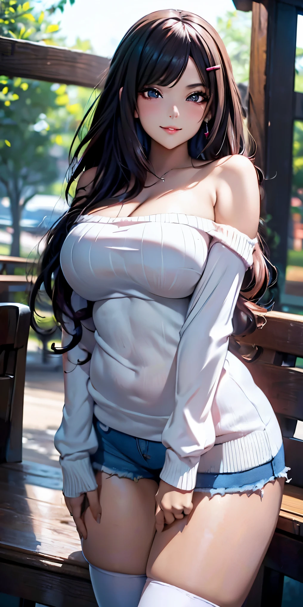 beautiful, breathtaking mature fox-woman, large, sagging breasts, light black hair with white streaks, pink eyes, earrings, (short shorts, superiority, naughty, thick thighs, off-shoulder sweater, long sleeves, with a sexy neckline: 1.1), (micro shorts: 1.1), black thigh high socks, ((masterpiece, best quality; 1.3)), ultra detailed, 8k unity wallpapers, CG, ray tracing, illustration, colorful, cinematic shadow, extremely detailed and beautiful background, vhd, VRay Shading, RT)), (slutty face: 1.2), mischievous smile, (large saggy breasts), wide hips, big ass, flirting with the viewer, facing the viewer, facial blush, standing in front, cute sexy pose, cowboy shot, on home porch, night, bright, bright light, ultra detailed, scenic, atmospheric, bimbo, big lips, detailed face and eyes, tilt headshot, intimacy, medium shot, thigh height, from below, gyaru, hair clip