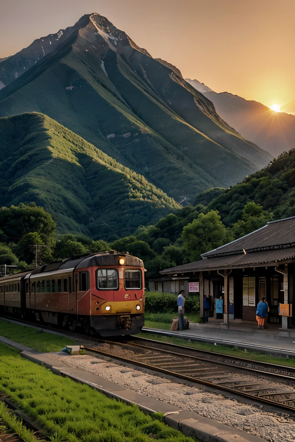 train station, mountains, ricefields, sunset, and a train going through