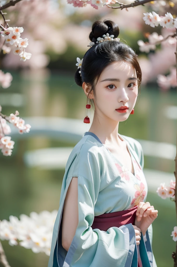 Suzhou gardens,1 sister, Clear facial features，The skin is real，Long gray hair,Solitary,Plum blossoms,black hair color,Branches,Upper part of the body,Practical,Chinese clothes,Delicate texture，complex patterns，Hair accessories,Vague background,Vague,careful,Hair Bun, photo, high resolution, 4K, 8k,