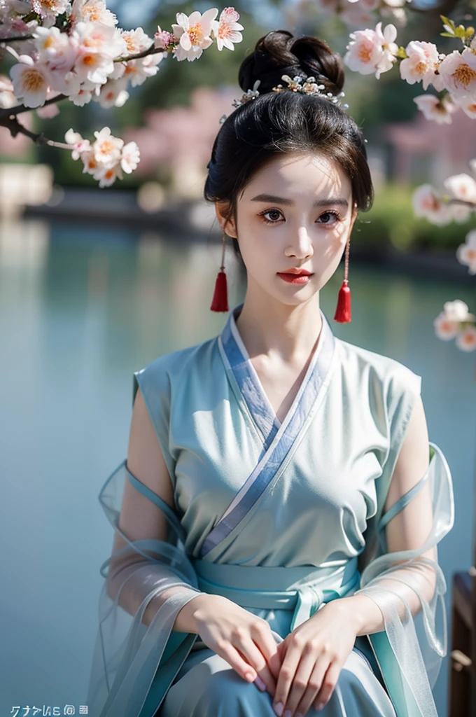 Suzhou gardens,1 sister, Clear facial features，The skin is real，Long gray hair,Solitary,Plum blossoms,black hair color,Branches,Upper part of the body,Practical,Chinese clothes,Delicate texture，complex patterns，Hair accessories,Vague background,Vague,careful,Hair Bun, photo, high resolution, 4K, 8k,